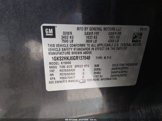2016 Gmc Yukon Xl Denali მანქანა იყიდება აუქციონზე, vin: 1GKS2HKJ6GR137848, აუქციონის ნომერი: 45722406