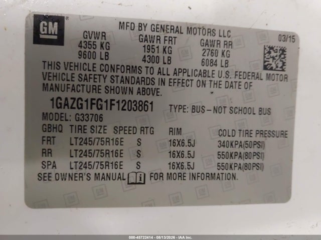 Продажа на аукционе авто 2015 Chevrolet Express 3500 Lt, vin: 1GAZG1FG1F1203861, номер лота: 45722414