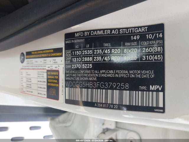 45722424 :رقم المزاد ، WDCGG5HB3FG379258 vin ، 2015 Mercedes-benz Glk 350 مزاد بيع