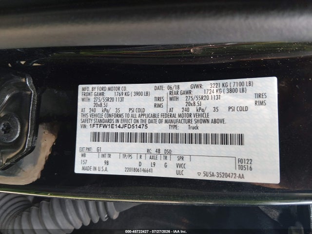 Продажа на аукционе авто 2018 Ford F-150 Platinum, vin: 1FTFW1E14JFD51475, номер лота: 45722427