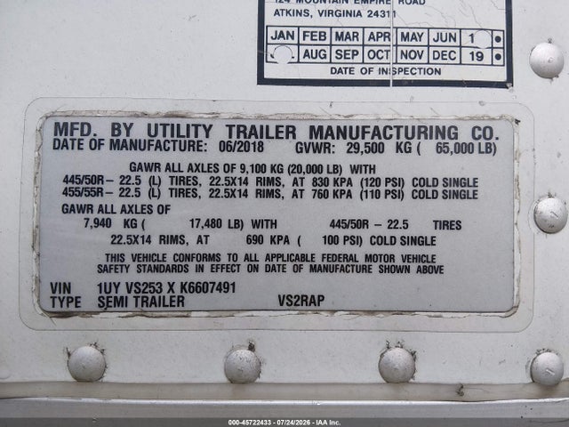 Продажа на аукционе авто 2019 Utility Trailer Mfg Utility Trailer Mfg, vin: 1UYVS253XK6607491, номер лота: 45722433