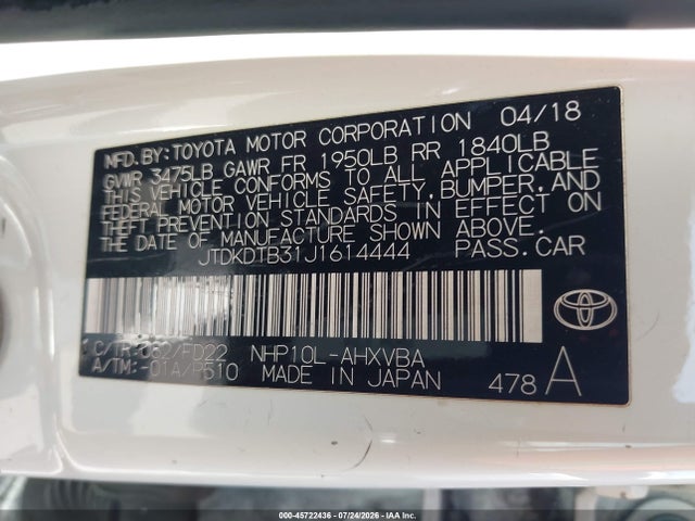 Toyota Prius C One 2018 JTDKDTB31J1614444 Image 9
