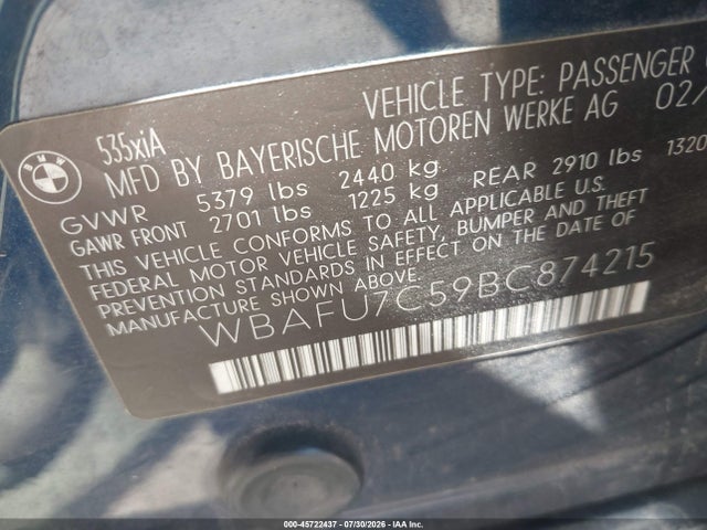 Продаж на аукціоні авто 2011 Bmw 535i Xdrive, vin: WBAFU7C59BC874215, номер лоту: 45722437