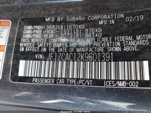 Продаж на аукціоні авто 2019 Subaru Brz Limited, vin: JF1ZCAC12K9601391, номер лоту: 45722439