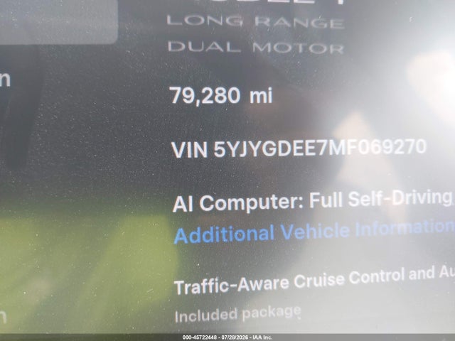 45722448 :رقم المزاد ، 5YJYGDEE7MF069270 vin ، 2021 Tesla Model Y Long Range Dual Motor All-wheel Drive مزاد بيع
