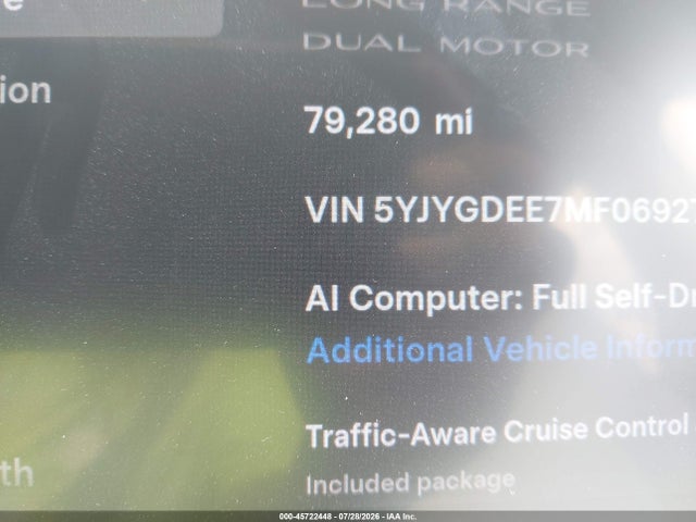 45722448 :رقم المزاد ، 5YJYGDEE7MF069270 vin ، 2021 Tesla Model Y Long Range Dual Motor All-wheel Drive مزاد بيع