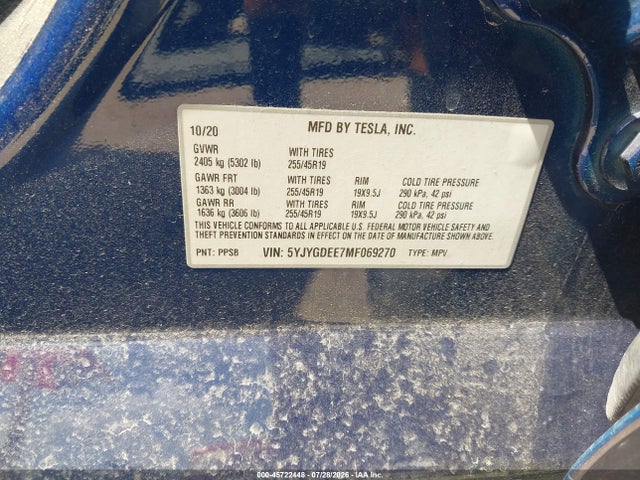 45722448 :رقم المزاد ، 5YJYGDEE7MF069270 vin ، 2021 Tesla Model Y Long Range Dual Motor All-wheel Drive مزاد بيع