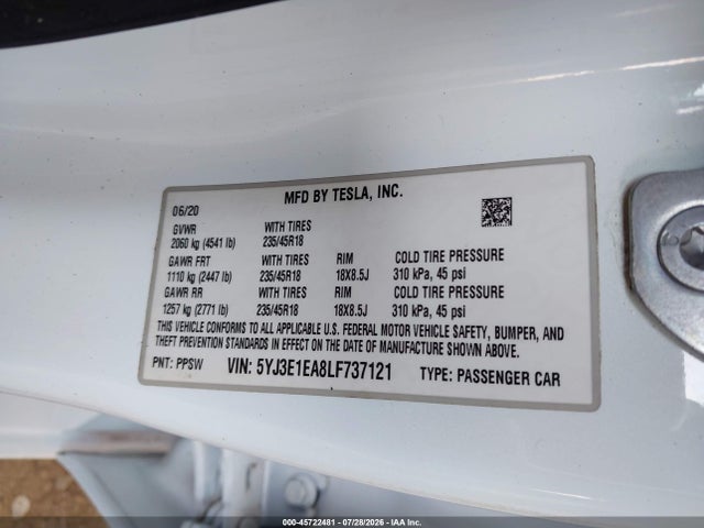 Продаж на аукціоні авто 2020 Tesla Model 3 Standard Range Plus Rear-wheel Drive/standard Range Rear-wheel Drive, vin: 5YJ3E1EA8LF737121, номер лоту: 45722481
