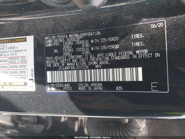 Aukcja sprzedaży 2020 Lexus Rx 450hl Luxury, vin: JTJJGKFA8L2015234, numer aukcji: 45722486