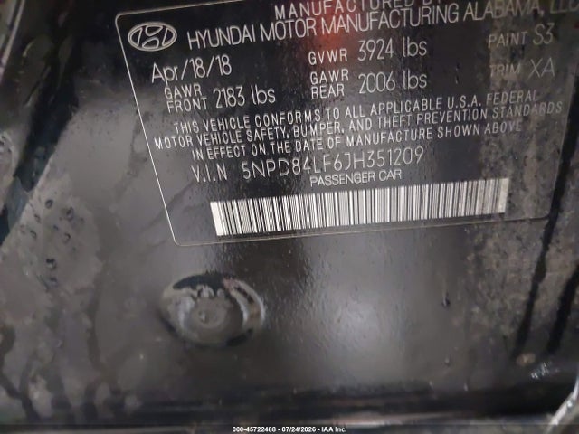 Aukcja sprzedaży 2018 Hyundai Elantra Value Edition, vin: 5NPD84LF6JH351209, numer aukcji: 45722488