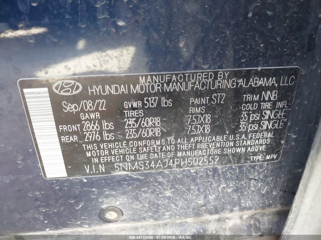 Aukcja sprzedaży 2023 Hyundai Santa Fe Sel, vin: 5NMS34AJ4PH502552, numer aukcji: 45722490