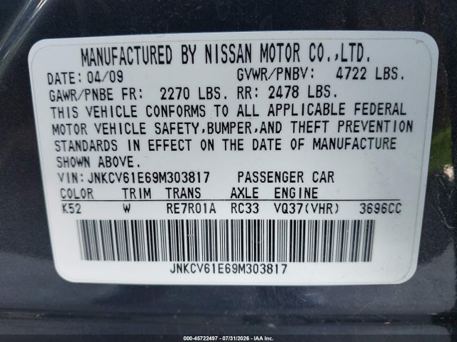 45722497 :رقم المزاد ، JNKCV61E69M303817 vin ، 2009 Infiniti G37 Journey مزاد بيع