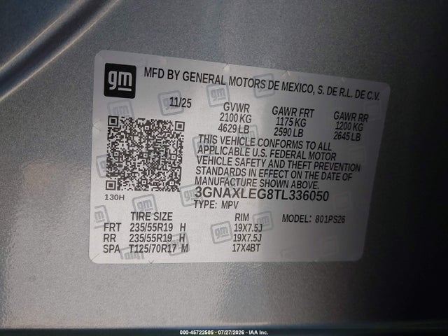 45722505 :رقم المزاد ، 3GNAXLEG8TL336050 vin ، 2026 Chevrolet Equinox Fwd Rs مزاد بيع