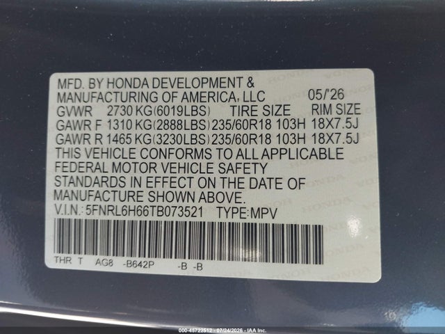 5FNRL6H66TB073521 Honda Odyssey Ex-l