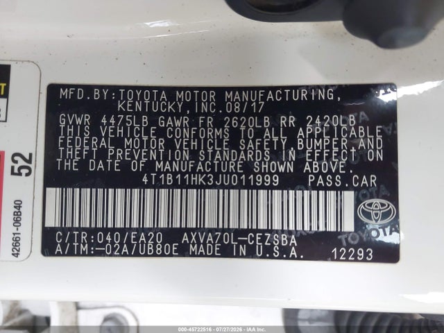 Продажа на аукционе авто 2018 Toyota Camry Se, vin: 4T1B11HK3JU011999, номер лота: 45722516
