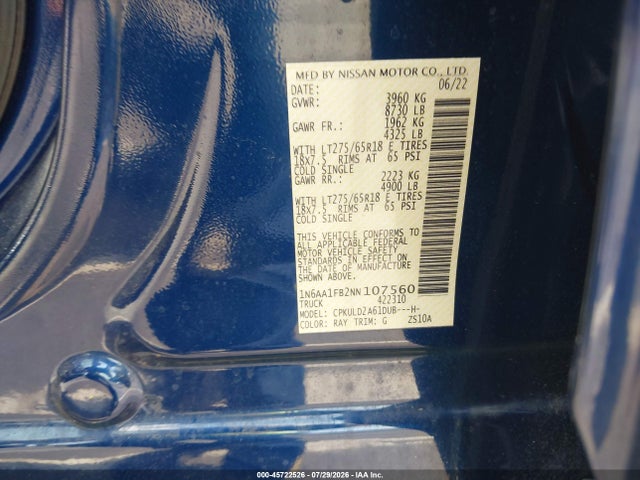 Продаж на аукціоні авто 2022 Nissan Titan Xd Pro-4x 4x4, vin: 1N6AA1FB2NN107560, номер лоту: 45722526