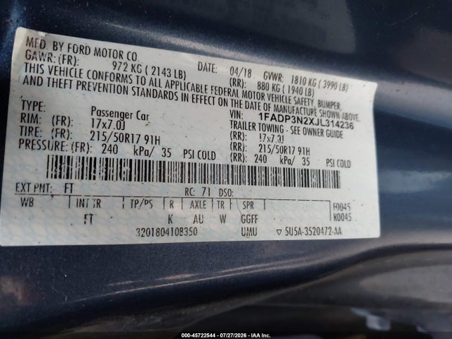Aukcja sprzedaży 2018 Ford Focus Titanium, vin: 1FADP3N2XJL314236, numer aukcji: 45722544