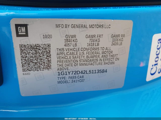 Aukcja sprzedaży 2020 Chevrolet Corvette Stingray Rwd  2lt, vin: 1G1Y72D42L5113584, numer aukcji: 45722547