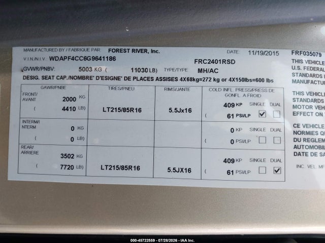 45722559 :رقم المزاد ، WDAPF4CC6G9641186 vin ، 2016 Mercedes-benz Sprinter 3500 مزاد بيع