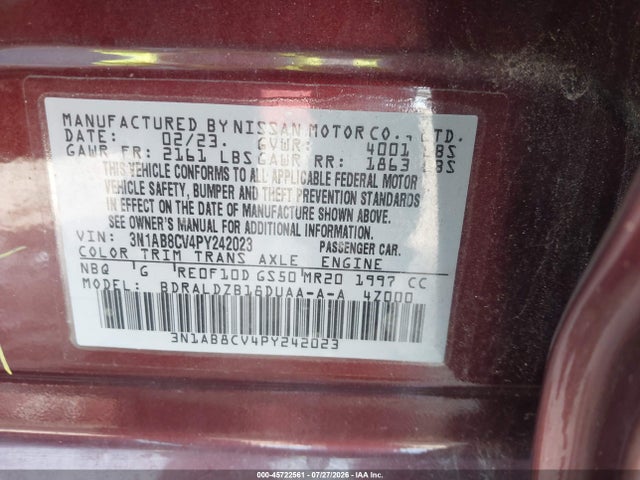 2023 Nissan Sentra Sv Xtronic Cvt მანქანა იყიდება აუქციონზე, vin: 3N1AB8CV4PY242023, აუქციონის ნომერი: 45722561