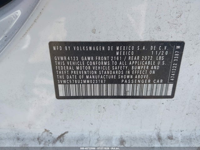 Aukcja sprzedaży 2021 Volkswagen Jetta 1.4t R-line/1.4t Se/s, vin: 3VWC57BU2MM023187, numer aukcji: 45722568