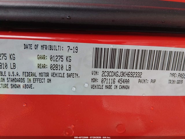 2C3CDXGJ3KH692332 Dodge Charger Scat Pack Rwd