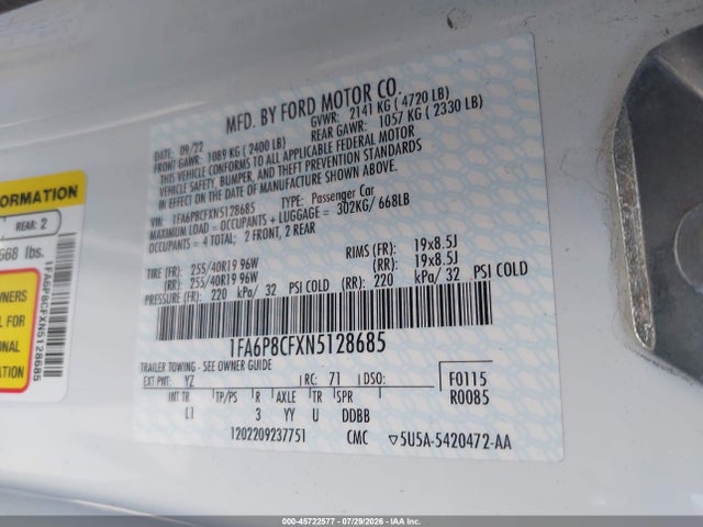 1FA6P8CFXN5128685 Ford Mustang Gt Premium Fastback