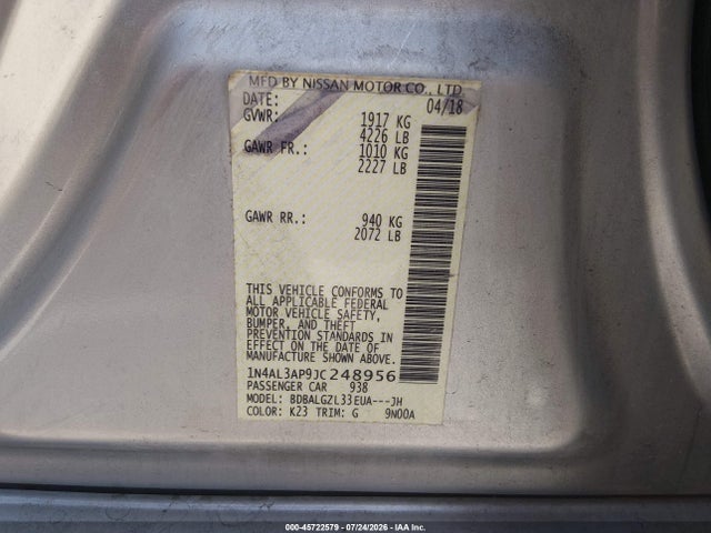45722579 :رقم المزاد ، 1N4AL3AP9JC248956 vin ، 2018 Nissan Altima 2.5 S مزاد بيع