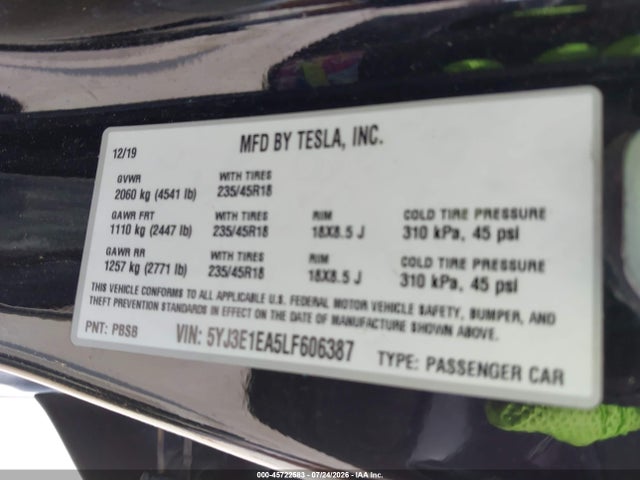 5YJ3E1EA5LF606387 Tesla Model 3 Standard Range Plus Rear-wheel Drive/standard Range Rear-wheel Drive