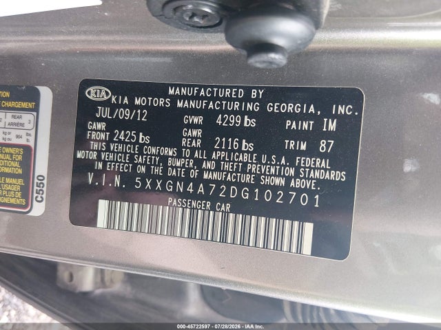 Продаж на аукціоні авто 2013 Kia Optima Ex, vin: 5XXGN4A72DG102701, номер лоту: 45722597