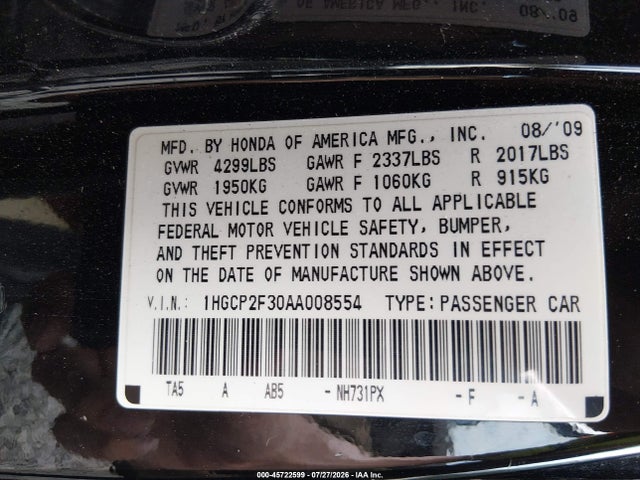45722599 :رقم المزاد ، 1HGCP2F30AA008554 vin ، 2010 Honda Accord 2.4 Lx مزاد بيع