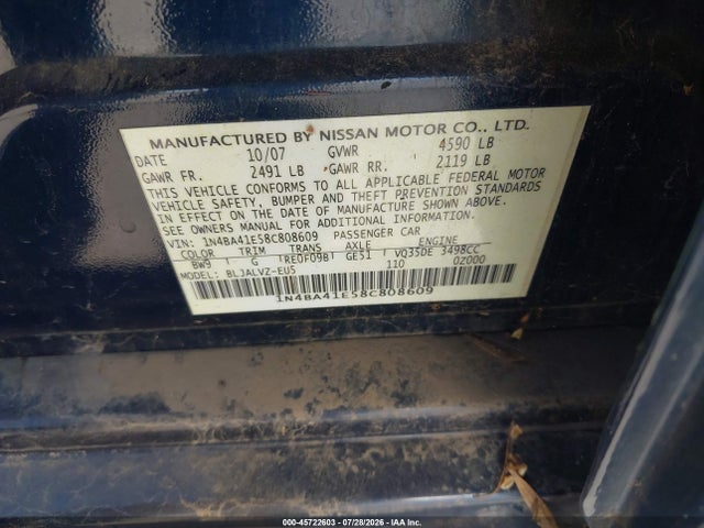 2008 Nissan Maxima Se/sl მანქანა იყიდება აუქციონზე, vin: 1N4BA41E58C808609, აუქციონის ნომერი: 45722603