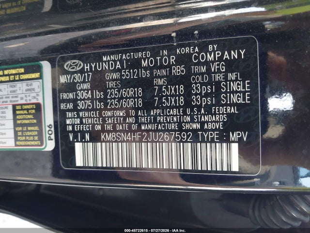 Продажа на аукционе авто 2018 Hyundai Santa Fe Se, vin: KM8SN4HF2JU267592, номер лота: 45722615