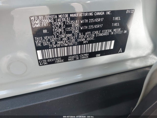 2T3W1RFV7NW188713 Toyota Rav4 Xle