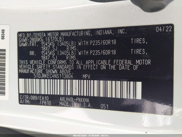 Продаж на аукціоні авто 2022 Toyota Sienna Xle, vin: 5TDJRKEC4NS113804, номер лоту: 45722625