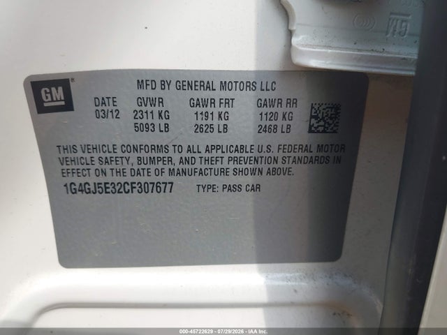 Продаж на аукціоні авто 2012 Buick Lacrosse Touring Group, vin: 1G4GJ5E32CF307677, номер лоту: 45722629