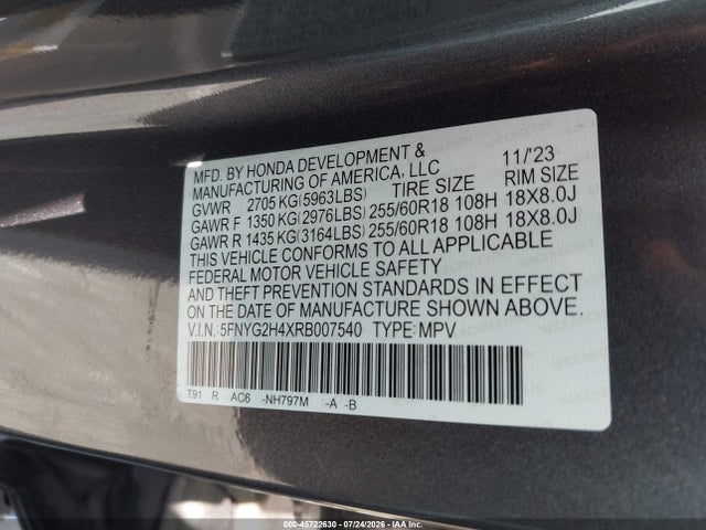 45722630 :رقم المزاد ، 5FNYG2H4XRB007540 vin ، 2024 Honda Pilot Ex-l مزاد بيع