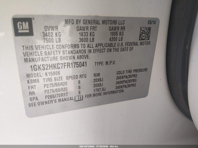 Продаж на аукціоні авто 2015 Gmc Yukon Xl 1500 Slt, vin: 1GKS2HKC7FR175041, номер лоту: 45722648