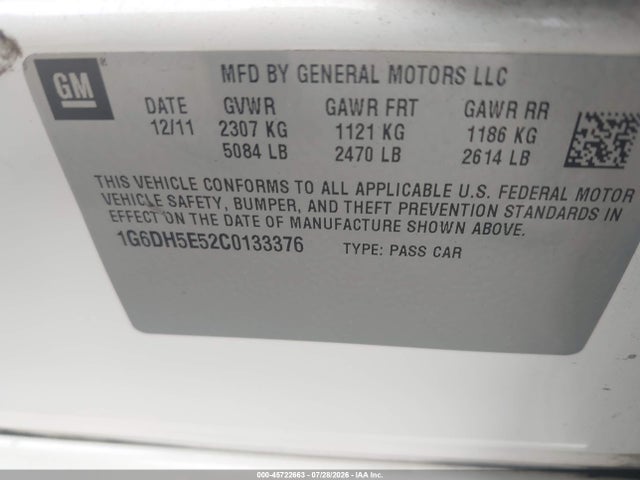 45722663 :رقم المزاد ، 1G6DH5E52C0133376 vin ، 2012 Cadillac Cts Luxury مزاد بيع
