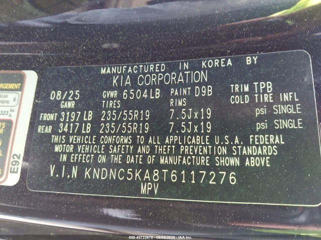 Aukcja sprzedaży 2026 Kia Carnival Mpv Hybrid Ex, vin: KNDNC5KA8T6117276, numer aukcji: 45722670