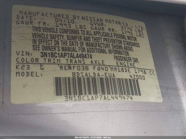 45722679 :رقم المزاد ، 3N1BC1AP7AL449474 vin ، 2010 Nissan Versa 1.8s مزاد بيع