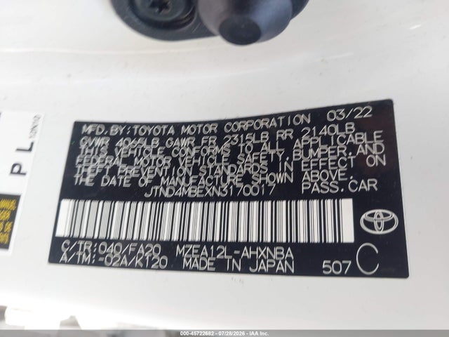 Продажа на аукционе авто 2022 Toyota Corolla Se, vin: JTND4MBEXN3170017, номер лота: 45722682
