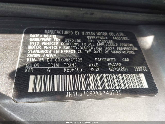 2019 Nissan Rogue Sport S მანქანა იყიდება აუქციონზე, vin: JN1BJ1CRXKW349725, აუქციონის ნომერი: 45722683