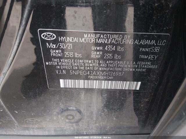 2021 Hyundai Sonata Se მანქანა იყიდება აუქციონზე, vin: 5NPEG4JAXMH126987, აუქციონის ნომერი: 45722692