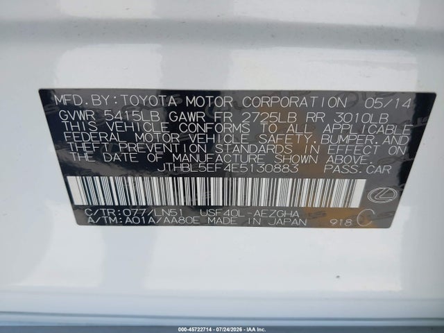 45722714 :رقم المزاد ، JTHBL5EF4E5130883 vin ، 2014 Lexus Ls 460 مزاد بيع
