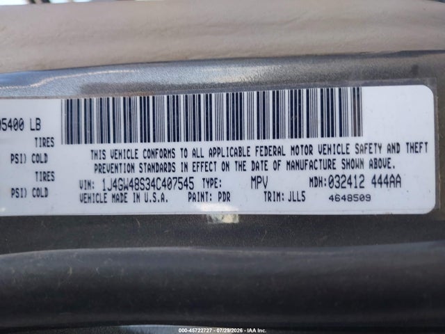 45722727 :رقم المزاد ، 1J4GW48S34C407545 vin ، 2004 Jeep Grand Cherokee Laredo مزاد بيع