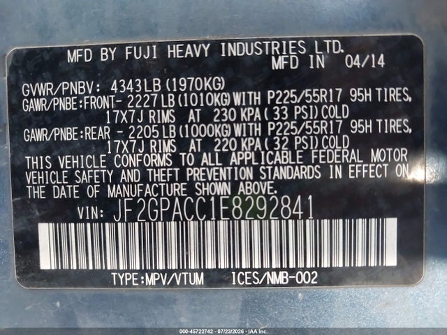 JF2GPACC1E8292841 Subaru Xv Crosstrek 2.0i Premium