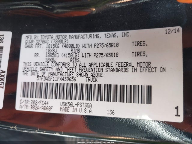 5TFDW5F11FX439656 Toyota Tundra Sr5 5.7l V8