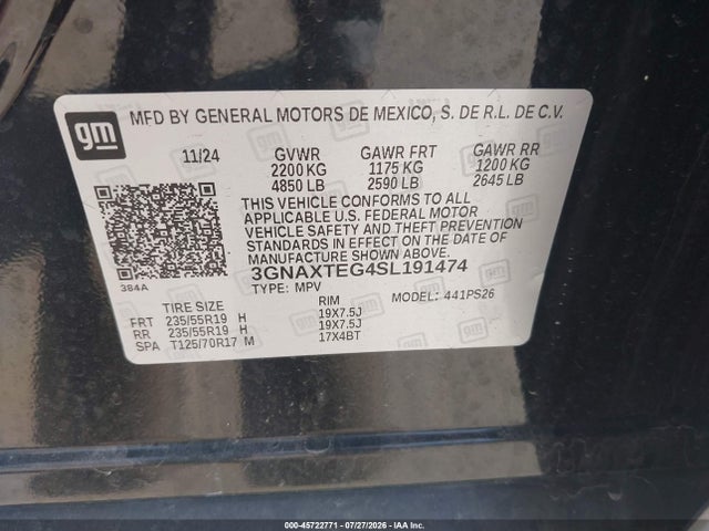 2025 Chevrolet Equinox Awd Rs მანქანა იყიდება აუქციონზე, vin: 3GNAXTEG4SL191474, აუქციონის ნომერი: 45722771