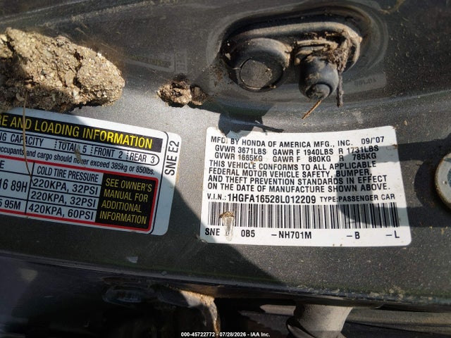 Aukcja sprzedaży 2008 Honda Civic Lx, vin: 1HGFA16528L012209, numer aukcji: 45722772